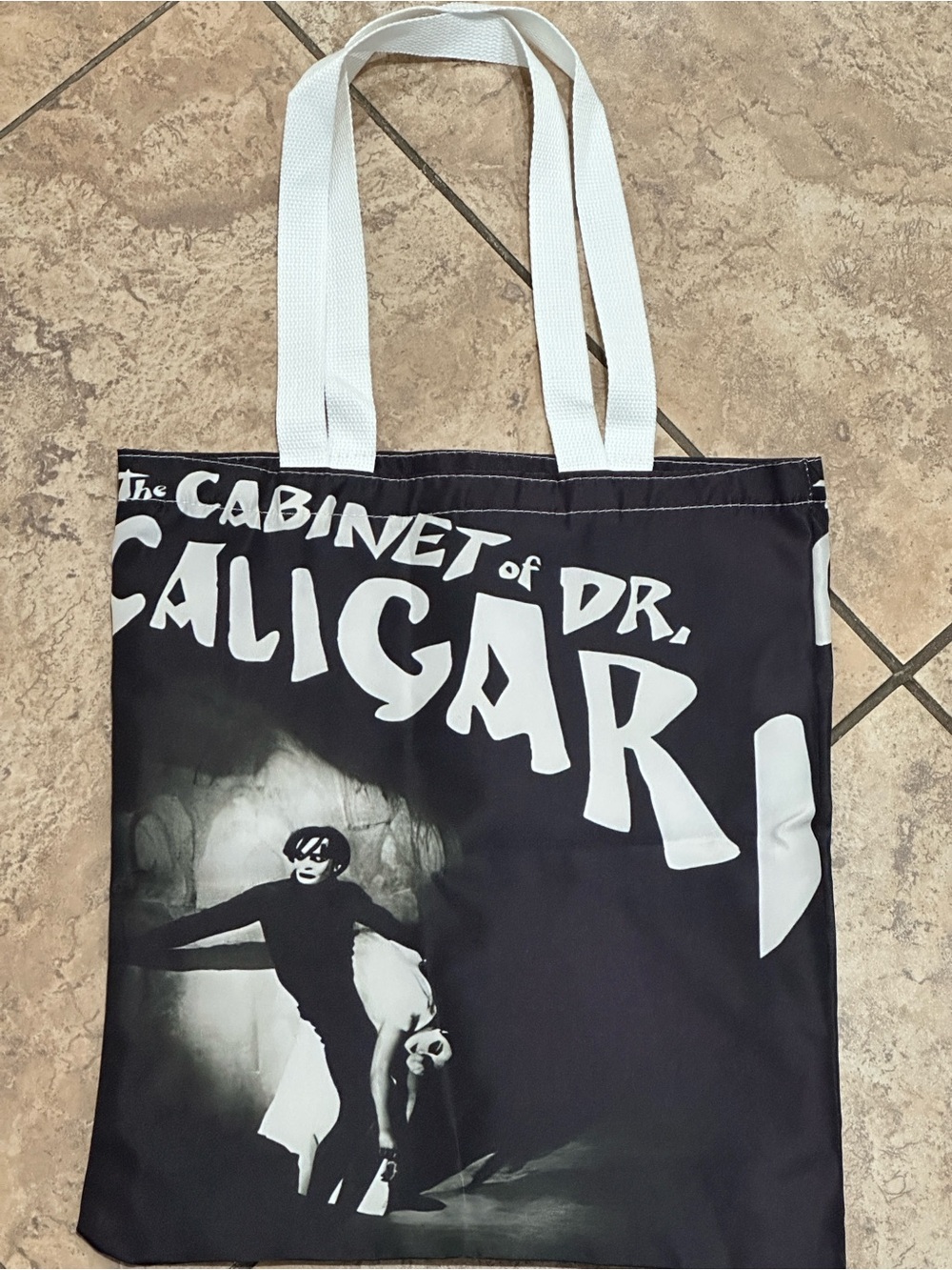 Black Graphic Tote Bag with White Handles - The Cabinet of Dr. Caligari Print